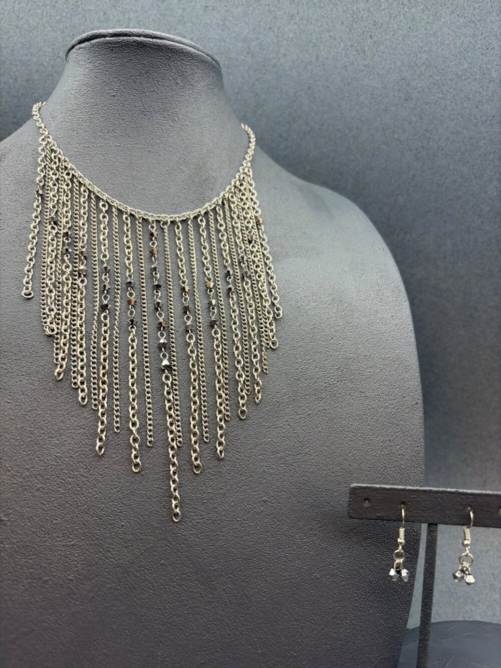 Fringe Necklace Earrings Set 17 In Black Faceted Bead Silver Chain Dramatic Glam